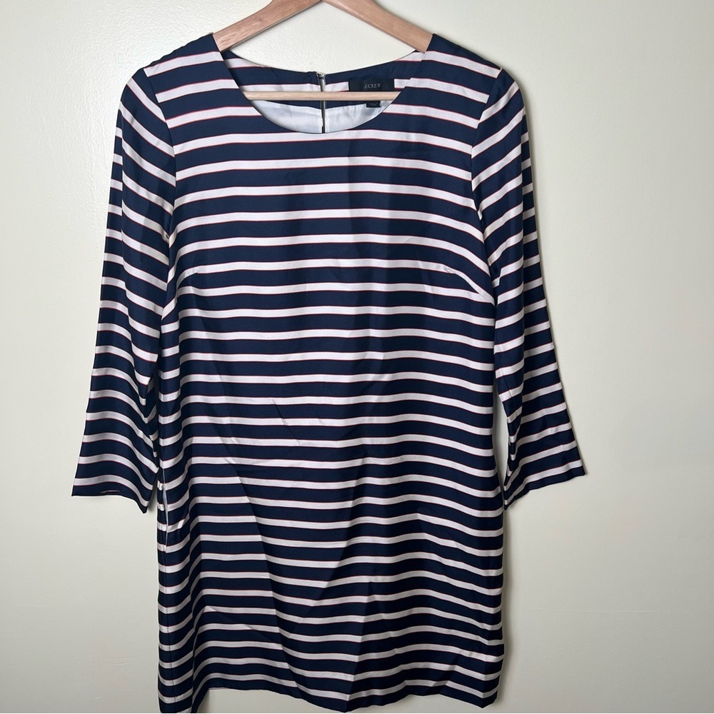 J.Crew Silk Shift Dress Size 2 Blue Multicolor Striped Nautical Coastal Pockets